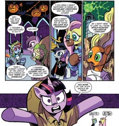 Size: 962x1023 | Tagged: safe, artist:andypriceart, idw, imported from derpibooru, applejack, fluttershy, pinkie pie, rainbow dash, rarity, twilight sparkle, alicorn, pony, spoiler:comic, spoiler:comic71, bride of frankenstein, comic, cropped, female, frankenstein's monster, hunchback of notre dame, larry talbot, mane six, mare, official comic, phantom of the opera, quasimodo, speech bubble, the hunchback of notre dame, the mummy, the wolf man, twilight sparkle (alicorn)