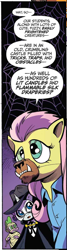 Size: 390x1448 | Tagged: safe, artist:andypriceart, idw, imported from derpibooru, fluttershy, pony, spoiler:comic, spoiler:comic71, cropped, female, mare, official comic, purple background, simple background, solo focus, speech bubble