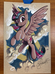 Size: 1536x2048 | Tagged: safe, artist:andypriceart, imported from derpibooru, twilight sparkle, alicorn, pony, colored pencil drawing, female, flying, looking at you, mare, marker drawing, solo, spread wings, traditional art, twilight sparkle (alicorn), wings