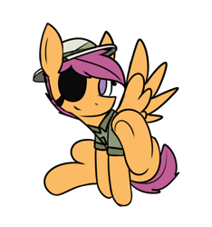 Size: 750x802 | Tagged: safe, artist:mr. rottson, imported from derpibooru, scootaloo, pony, clothes, cosplay, costume, eyepatch, female, filly, hat, pith helmet, shirt, simple background, sitting, smiling, solo, spread wings, transparent background, underhoof, wings