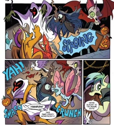 Size: 985x1076 | Tagged: safe, artist:andypriceart, idw, imported from derpibooru, ocellus, queen chrysalis, sandbar, smolder, bird, changedling, changeling, dragon, ghost, parrot, spoiler:comic, spoiler:comic71, comic, cropped, dragoness, female, speech bubble