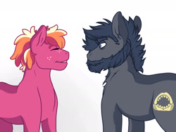 Size: 2208x1661 | Tagged: safe, artist:didicom, imported from derpibooru, oc, oc:bruce, oc:peachy keen, earth pony, pony, pandoraverse, beard, duo, facial hair, female, freckles, male, mare, next generation, offspring, parent:big macintosh, parent:cheerilee, parents:cheerimac, simple background, stallion, white background