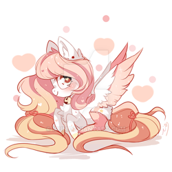 Size: 600x600 | Tagged: safe, artist:ipun, imported from derpibooru, oc, oc only, pegasus, pony, bell, bell collar, blushing, clothes, collar, female, heart, heart eyes, mare, prone, simple background, socks, solo, stockings, thigh highs, white background, wingding eyes