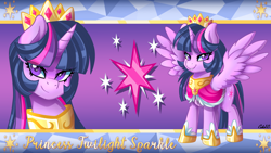 Size: 3840x2160 | Tagged: safe, artist:ciderpunk, imported from derpibooru, twilight sparkle, alicorn, bust, clothes, crown, dress, hoof shoes, jewelry, looking at you, regalia, twilight sparkle (alicorn), wallpaper