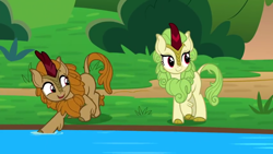 Size: 1280x720 | Tagged: safe, imported from derpibooru, screencap, fern flare, spring glow, kirin, sounds of silence, background kirin, cute, duo, playful, smiling, water