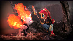 Size: 9600x5400 | Tagged: safe, artist:imafutureguitarhero, imported from derpibooru, sunset shimmer, twilight sparkle, alicorn, anthro, plantigrade anthro, unicorn, 3d, :i, absurd file size, absurd resolution, adidas, black bars, boots, burning, burnt, chromatic aberration, clothes, cloud, cloudy, dress, duo, female, fiery shimmer, film grain, fire, floppy ears, food, glowing eyes, hoodie, horn, jacket, jeans, leather boots, leather jacket, mane of fire, mare, marshmallow, mountain, multicolored hair, multicolored tail, mundane utility, nose wrinkle, open jacket, outdoors, pants, rage-shift, rapidash twilight, red eyes, shoes, smiling, smoke, source filmmaker, squatting, stick, tent, tracksuit, tree, twilight sparkle (alicorn), unamused, walking campfire, wall of tags, wallpaper, wings