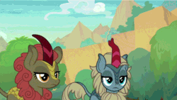 Size: 1280x720 | Tagged: safe, imported from derpibooru, screencap, maple brown, rain shine, sparkling brook, kirin, season 8, sounds of silence, animated, background kirin, cloud, cute, diabrookes, emotionless, female, gif, head tilt