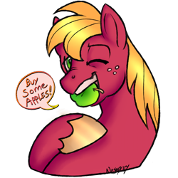 Size: 1000x1000 | Tagged: safe, artist:nessacity, artist:rhythmcrown, imported from derpibooru, big macintosh, pony, apple, buy some apples, food, male, mouth hold, one eye closed, signature, simple background, solo, speech bubble, transparent background, wink