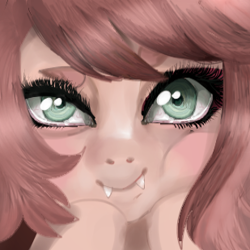 Size: 309x309 | Tagged: safe, alternate version, artist:bonniethefox, deleted from derpibooru, derpibooru exclusive, imported from derpibooru, oc, oc:pacific rose, vampire bat pony, beauty mark, cute, eyebrows, eyeshadow, fangs, icon, makeup, offspring, parent:big macintosh, parent:fluttershy, parents:fluttermac, smiling, teeth
