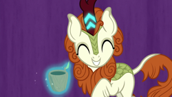 Size: 1280x720 | Tagged: safe, imported from derpibooru, screencap, autumn blaze, kirin, sounds of silence, awwtumn blaze, cup, cute, female, levitation, magic, smiling, solo, telekinesis