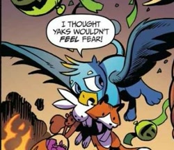 Size: 387x334 | Tagged: safe, artist:andypriceart, idw, imported from derpibooru, gallus, fox, griffon, rabbit, squirrel, spoiler:comic, spoiler:comic71, animal, cropped, flying, male, paws, speech bubble, spread wings, wings