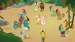 Size: 1920x1080 | Tagged: safe, imported from derpibooru, screencap, applejack, autumn afternoon, cinder glow, fern flare, fluttershy, forest fall, maple brown, pumpkin smoke, rain shine, sparkling brook, spring glow, summer flare, winter flame, earth pony, kirin, pegasus, pony, sounds of silence, background kirin, butt, emotionless, female, male, mare, plot, raised hoof