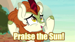 Size: 849x478 | Tagged: safe, edit, edited screencap, imported from derpibooru, screencap, autumn blaze, kirin, sounds of silence, spoiler:s08, animated, caption, female, flowing mane, image macro, praise the sun, solo, text