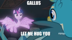 Size: 1920x1080 | Tagged: safe, edit, edited screencap, imported from derpibooru, screencap, gallus, twilight sparkle, twilight sparkle (alicorn), alicorn, what lies beneath, image macro, meme, text, treelight sparkle