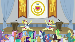 Size: 1280x720 | Tagged: safe, imported from derpibooru, screencap, alpha beta, desert wind, dusty swift, fast break, fiery fricket, final countdown, flam, flim, frying pan (character), high roller, horseshoe comet, linky, opulence, polo play, rarity, rosy pearl, saturn (character), shoeshine, silver waves, spring melody, sprinkle medley, sprout greenhoof, sweet buzz, twilight sparkle, wintergreen, alicorn, earth pony, pegasus, pony, unicorn, friendship university, background pony, background pony audience, banner, crowd, eyes closed, female, frying pan (g4), las pegasus resident, logo, male, mare, podium, saturn (g4), singing, stallion, twilight sparkle (alicorn)
