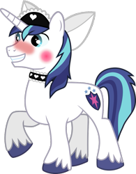 Size: 837x1075 | Tagged: safe, deleted from derpibooru, edit, editor:feathertrap, imported from derpibooru, vector edit, shining armor, pony, unicorn, 1000 hours in gimp, blushing, bow, choker, crossdressing, embarrassed, femboy, hair bow, headdress, maid, makeup, male, simple background, solo, stallion, transparent background, vector