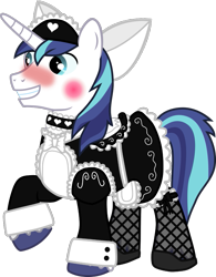 Size: 837x1075 | Tagged: safe, deleted from derpibooru, edit, editor:feathertrap, imported from derpibooru, vector edit, shining armor, pony, unicorn, 1000 hours in gimp, apron, blushing, bow, choker, clothes, crossdressing, dress, embarrassed, femboy, fishnet clothing, hair bow, headdress, maid, makeup, male, simple background, solo, stallion, transparent background, trap, vector