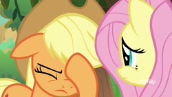Size: 1920x1080 | Tagged: safe, imported from derpibooru, screencap, applejack, fluttershy, pony, sounds of silence, facehoof