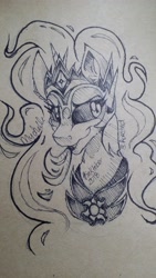 Size: 2322x4128 | Tagged: safe, artist:mychelle, imported from derpibooru, daybreaker, pony, bust, female, inktober, monochrome, portrait, solo, traditional art