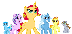 Size: 1570x752 | Tagged: safe, artist:mk pony mod, derpibooru exclusive, imported from derpibooru, spitfire, starlight glimmer, sunset shimmer, trixie, oc, oc:littlepip, oc:spider-mario, pegasus, pony, unicorn, fallout equestria, base used, cutie mark, fanfic, fanfic art, female, hooves, horn, mare, open mouth, raised hoof, smiling, teeth, wings