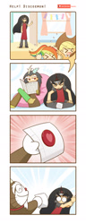 Size: 860x2242 | Tagged: safe, artist:howxu, imported from derpibooru, applejack, discord, king sombra, rainbow dash, human, series:my little kindergarten, 4koma, alternate universe, comic, doraemon, female, heart, humanized, male, paper, running, shocked, shrunken pupils, transformation