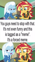 Size: 2048x3644 | Tagged: safe, imported from derpibooru, sunset shimmer, trixie, equestria girls, equestria girls series, forgotten friendship, duo, duo female, exploitable meme, female, forced meme meme, geode of empathy, magical geodes, meme, memeception, sunset's recording