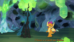 Size: 1920x1080 | Tagged: safe, edit, edited screencap, imported from derpibooru, screencap, ocellus, queen chrysalis, smolder, changeling, changeling queen, dragon, what lies beneath, animated, dragoness, female, no sound, queen chrysellus, text edit, webm
