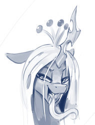 Size: 1280x1681 | Tagged: safe, artist:dimfann, deleted from derpibooru, imported from derpibooru, queen chrysalis, changeling, changeling queen, bust, drool, fangs, female, grayscale, lidded eyes, long tongue, monochrome, simple background, smiling, solo, tongue out, white background