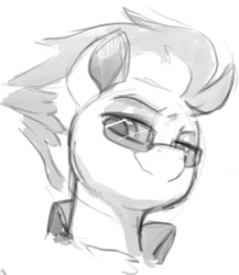 Size: 1206x1387 | Tagged: safe, artist:dimfann, imported from derpibooru, spitfire, pegasus, pony, bust, female, grayscale, lidded eyes, looking at you, looking down, looking sideways, monochrome, portrait, simple background, sketch, smiling, solo, sunglasses, white background