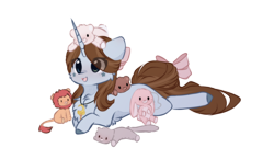 Size: 1212x704 | Tagged: safe, artist:little-sketches, artist:php146, imported from derpibooru, oc, oc only, oc:anday, oc:cassandra cassidy, pony, unicorn, bow, chibi, female, mare, plushie, prone, simple background, solo, tail bow, transparent background