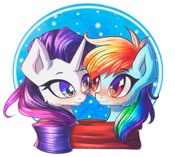 Size: 2440x2200 | Tagged: safe, artist:chaosangeldesu, imported from derpibooru, rainbow dash, rarity, pony, blushing, bust, clothes, female, lesbian, looking at each other, raridash, scarf, shared clothing, shared scarf, sharing, shipping