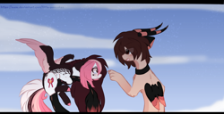 Size: 1600x816 | Tagged: safe, artist:little-sketches, artist:php146, imported from derpibooru, oc, oc only, oc:chelsi, oc:kodoku, draconequus, pegasus, pony, chibi, duo, female, imminent boop, mare, teary eyes