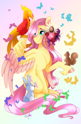 Size: 2435x3684 | Tagged: safe, artist:djspark3, imported from derpibooru, angel bunny, fluttershy, philomena, butterfly, pegasus, phoenix, pony, rabbit, squirrel, colored hooves, colored wings, colored wingtips, cute, female, flower, flower in hair, gradient background, head turn, looking at something, mare, multicolored wings, one wing out, raised hoof, shyabetes, sitting, sitting on wing, smiling, stray strand, turned head