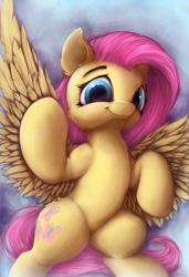 Size: 906x1328 | Tagged: safe, artist:hitbass, imported from derpibooru, fluttershy, pegasus, pony, abstract background, cute, female, flying, looking at you, mare, shyabetes, smiling, solo, spread wings, wings