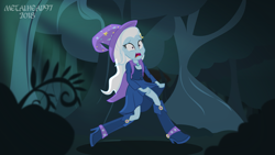Size: 3999x2249 | Tagged: safe, imported from derpibooru, trixie, equestria girls, boots, bush, cape, clothes, dress, fall formal outfits, female, forest, frightened, hat, high heel boots, running, scared, scary, shoes, show accurate, solo, trixie's cape, trixie's hat