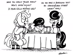 Size: 2124x1613 | Tagged: safe, artist:bobthedalek, imported from derpibooru, octavia melody, oc, oc:mixed melody, oc:octavia's father, oc:octavia's mother, oc:ostinato melody, earth pony, pony, black and white, covering ears, cup, flower, grayscale, implied vinyl scratch, ink drawing, inktober, inktober 2018, monochrome, mothers gonna mother, nagging, octavia is not amused, simple background, stool, table, teacup, that pony sure does want grandfoals, traditional art, unamused, vase, white background