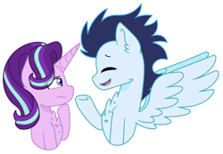Size: 1970x1366 | Tagged: safe, artist:geekcoffee, imported from derpibooru, soarin', starlight glimmer, pegasus, pony, unicorn, chest fluff, crack shipping, eye clipping through hair, eyes closed, female, glimmin', height difference, hoof on chin, male, mare, open mouth, shipping, simple background, stallion, straight, underhoof, white background