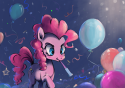 Size: 3253x2289 | Tagged: safe, artist:cookiedesu, imported from derpibooru, pinkie pie, earth pony, pony, balloon, female, mare, noisemaker, party, ponk, solo, streamers