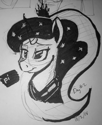 Size: 870x1072 | Tagged: safe, artist:post-it, imported from derpibooru, princess luna, alicorn, pony, bust, female, ink drawing, inktober, lidded eyes, mare, monochrome, peytral, regalia, simple background, sketch, smiling, solo, traditional art, white background