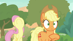 Size: 1920x1080 | Tagged: safe, imported from derpibooru, screencap, applejack, fluttershy, earth pony, pegasus, pony, sounds of silence, :c, duo, female, frown, mare, messy mane, messy tail, nose in the air, tree, unamused