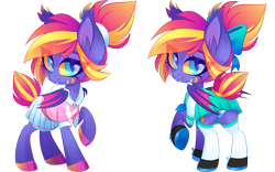 Size: 1200x750 | Tagged: safe, artist:zombie, imported from derpibooru, oc, oc only, oc:stellar sundown, bat pony, pony, bat pony oc, bow, clothes, cute, fangs, female, hair bow, looking at you, looking back, looking back at you, mare, miniskirt, panties, pleated skirt, ponytail, shirt, shoes, simple background, skirt, skirt lift, smiling, socks, striped underwear, thigh highs, transparent background, underwear, upskirt, zettai ryouiki