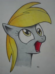 Size: 3120x4160 | Tagged: safe, artist:2387528112, imported from derpibooru, derpy hooves, pegasus, pony, bust, colored pencil drawing, female, mare, open mouth, simple background, smiling, solo, traditional art, white background