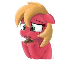 Size: 1024x944 | Tagged: safe, artist:2387528112, imported from derpibooru, big macintosh, earth pony, pony, crying, dirt, eating, female, floppy ears, holding, macareina, mare, rule 63, simple background, solo, underhoof, white background