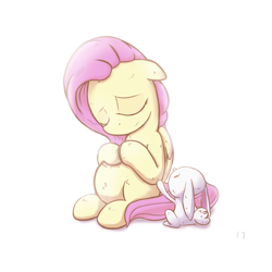 Size: 2000x2000 | Tagged: safe, artist:2387528112, imported from derpibooru, angel bunny, fluttershy, pegasus, pony, cute, eyes closed, female, floppy ears, folded wings, mare, pregnant, shyabetes, simple background, sitting, smiling, white background, wings, worried