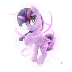 Size: 1500x1500 | Tagged: safe, artist:2387528112, imported from derpibooru, twilight sparkle, alicorn, pony, female, looking at you, magic, mare, raised hoof, simple background, smiling, solo, twilight sparkle (alicorn), white background