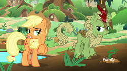 Size: 1920x1080 | Tagged: safe, imported from derpibooru, screencap, applejack, forest fall, earth pony, kirin, pony, sounds of silence, aside glance, background kirin, cloven hooves, cowboy hat, duo, female, hat, male, mare, raised hoof, sideways glance