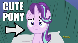 Size: 914x512 | Tagged: safe, edit, edited screencap, imported from derpibooru, screencap, starlight glimmer, pony, unicorn, rock solid friendship, adorable face, arrow, best pony, captain obvious, cute, cutest pony alive, discovery family logo, female, glimmerbetes, happy, image macro, mare, meme, smiling, solo, text, truth