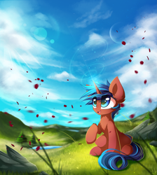 Size: 2865x3200 | Tagged: safe, artist:kaleido-art, imported from derpibooru, oc, oc only, pony, unicorn, commission, crescent moon, glowing horn, moon, open mouth, pond, raised hoof, rock, scenery, sitting, solo, tree