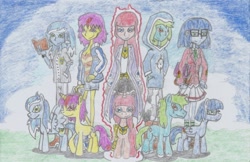 Size: 1899x1227 | Tagged: safe, artist:nephilim rider, imported from derpibooru, oc, oc:aurelia (hybrid), oc:destiny silent, oc:hera spellstrike, oc:phantom mist, oc:sky shield (hybrid), nephilim, traditional art