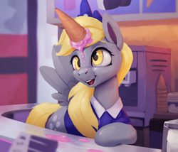 Size: 1200x1026 | Tagged: safe, artist:rodrigues404, imported from derpibooru, derpy hooves, pegasus, pony, clothes, dropped ice cream, fake horn, female, food, ice cream, ice cream cone, ice cream horn, jewelry, mare, shirt, solo, tiara